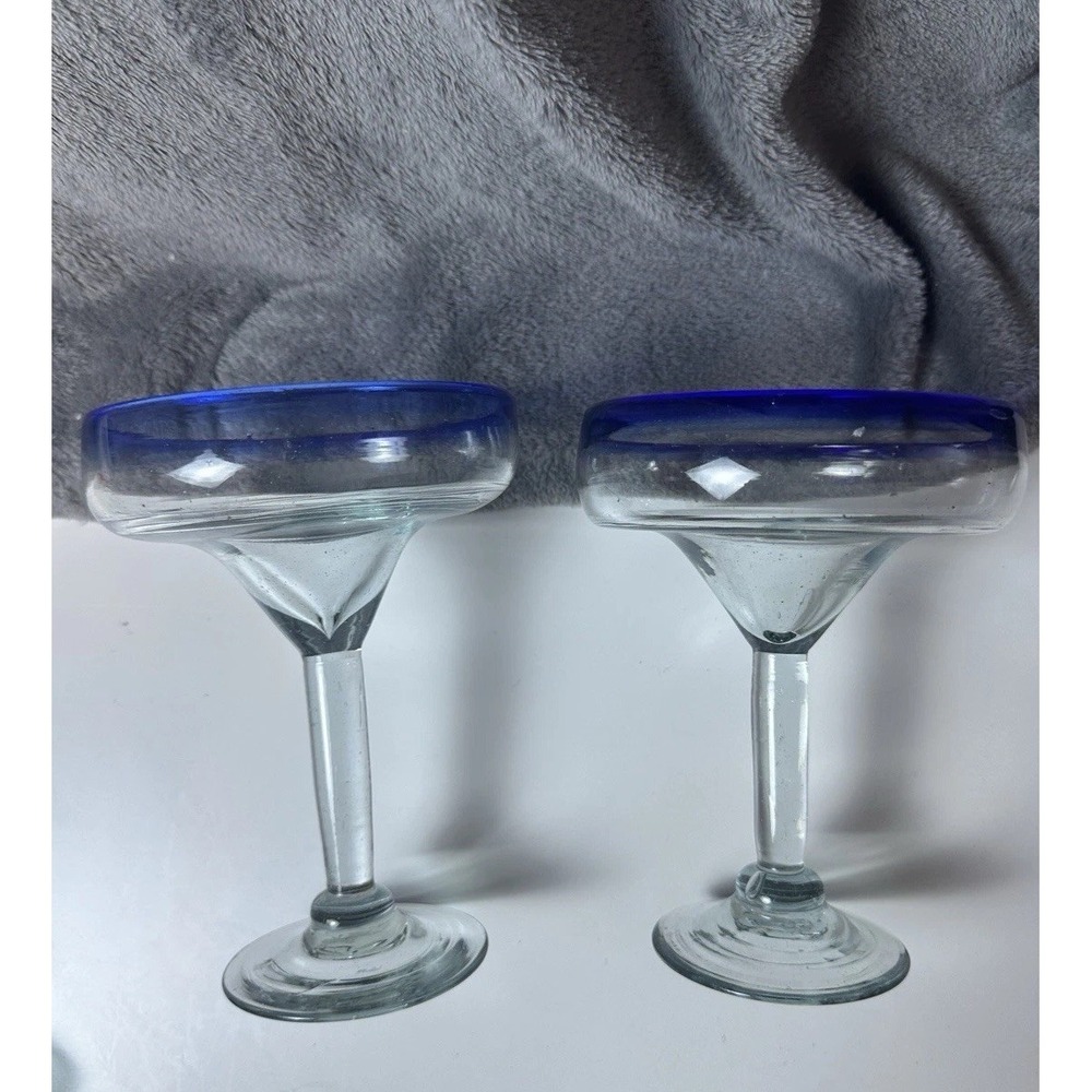 Set Of 2‎ Cobalt Rim blue Mexican hand blown 4.5" Margarita Glasses  Heavy